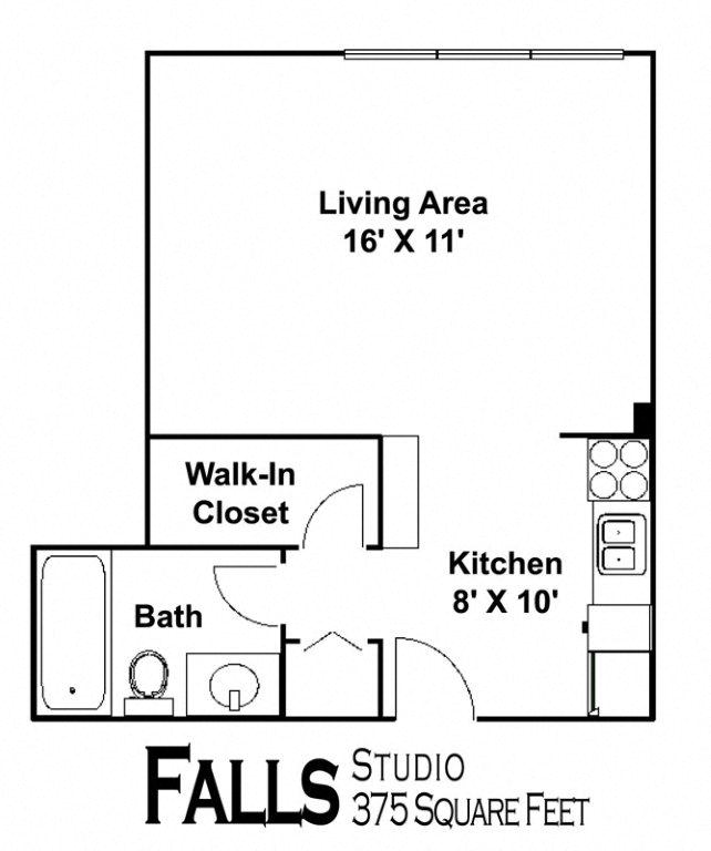 Floor plan for studio, 1 bath, 375 sqft